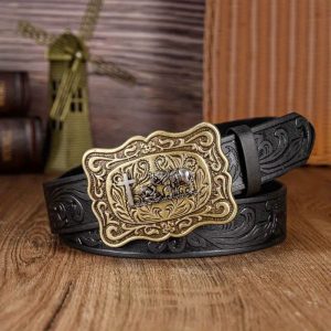 XQZTIVE 1pc Western Cowboy Belt for Men, Black/ Brown PU Leather Engraved Buckle Country Belts for Jeans Rodeo