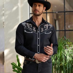 Men's Western Cowboy Shirt Embroidered Long Sleeve Cotton Casual Button Down Shirt