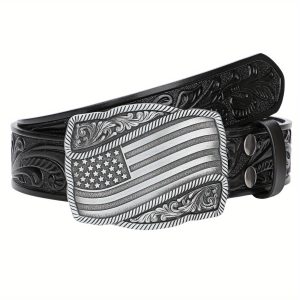 VONMELLI 1 Pack Men's Leather Belt for Western Cowboy, Causal Country Belts with Silver American Flag Buckle for Jeans