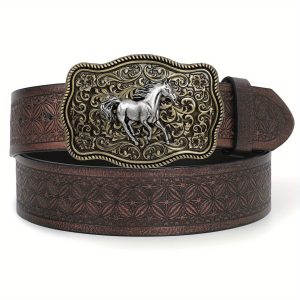 XZQTIVE Western Belt For Men Women, Cowboy Cowgirl Retro Engraved Embossed Pu Leather Belt With Horse Buckle For Jeans