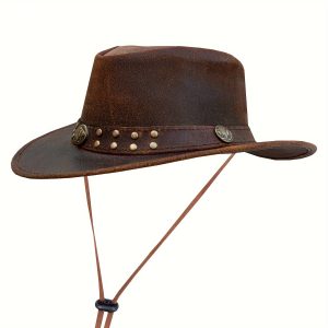 Genuine Leather Cowgirl &Cowboy Hat Western Australian Outback Hat With Shapeable Wide Brim Brown Australian Style Leather Hat