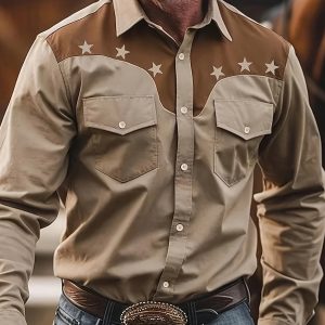 Men's Casual Western Cowboy Shirt - All-Season Polyester, Geometric Print, Button Detail, Machine Washable