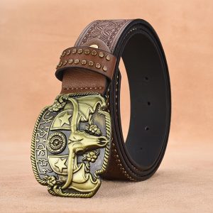 Men's Western Cowboy Style Black Belt with Riveted Detail, Embossed PU Strap, and Alloy Steer Head Buckle - Fashionable Versatile Vintage-Inspired Accessory