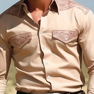 Retro Western Cowboy Style Men's Casual Long-sleeved Button-down Shirt With Pockets, Fashionable Print, Novelty Button-down Corner Collar Shirt, Suitable For Spring, Autumn And Winter Wear