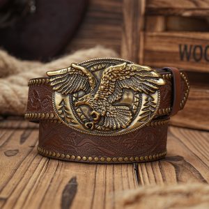 BH Vintage-Style Faux Leather Belt for Men & Women - Western Cowboy Design with Floral Engraved Buckle, Perfect for Jeans