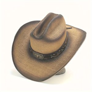 Men's Vintage Cowboy Hat with Bull Head Belt, 100% Paper Straw Handmade Weathered Finish, Unisex Wide Brim 3.94inch, Firm Structure, Breathable Weave, Adjustable One-Size-Fit-Most 22.83-23.23inch with Sweatband, Outdoor Hat - Upgraded Packaging with Custom Thick Hat Support and Box