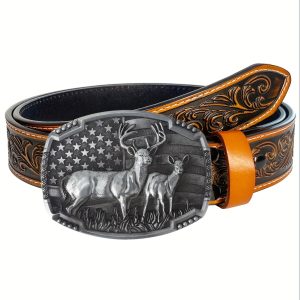 Mens Womens Western Cowboy Cowgirl Belt Deer Buckle Engraved Embossed Tooled Leather Belt Rodeo Country Jeans