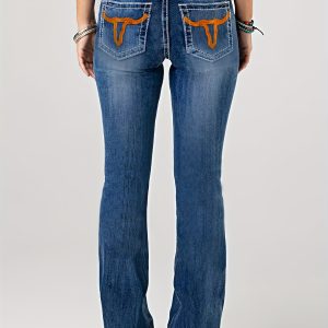 Retro Washed Blue Denim Jeans with Cow Head Embroidery and Flared Legs - High Waist, High Elasticity, and Cotton Blend Fabric