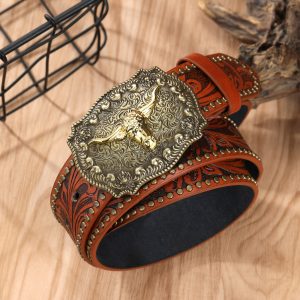 Stylish And Durable Western Cowboy Belt With A Unique And Trendy Embossed Beaded Buckle