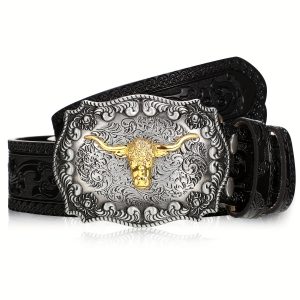 Western Buckle Belts Cowboy Longhorn Bull Pattern Buckle Belt Floral Engraved Buckle Belt For Men (Black, 43 Inch)