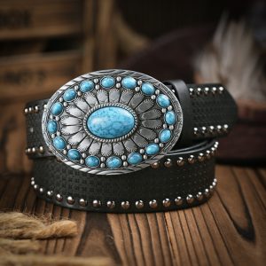 WHIPPY 1pc Boho Oval Turquoise Buckle Belts Vintage Brown Embossed PU Leather Waistband Classic Western Belt For Men daily use