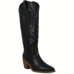 Brandy Knee High Embroidery Cowboy Boots with Stacked Heel and Zipper - Women's Western Fashion Boots