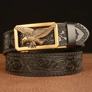 Vintage Western Cowboy Embossed Leather Belt with Hollow Eagle Buckle for Men