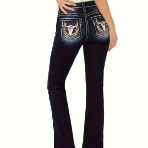 Bull Embroidered Back Pocket Detail Whiskering Slim Fit Denim Pants, Women's Denim Jeans & Clothing