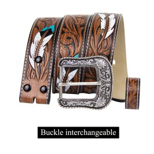 Western Belts For Women Mens Cowgirl Cowboy Brown Turquoise Feather Floral PU Leather Belt For Jeans Dresses Country Outfit